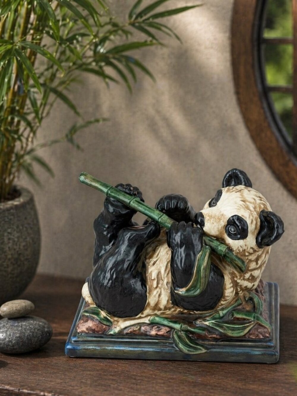 Panda with Bamboo Ceramic Figurine
